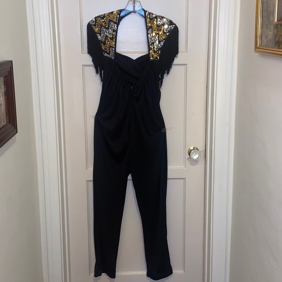 Vintage Black Gold Silver sequin fringe JUMPSUIT ROMPER pantsuit Party NYE - Picture 3 of 14